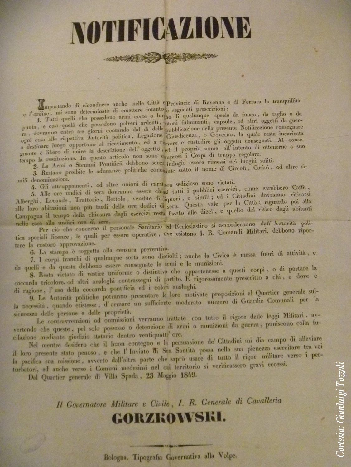 Notificazione Governo Austriaco, 1849 consegna armi