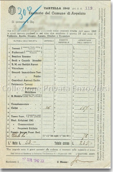 Cartella esattoriale Comune di Argelato 1942 Imposta sul celibato 1942