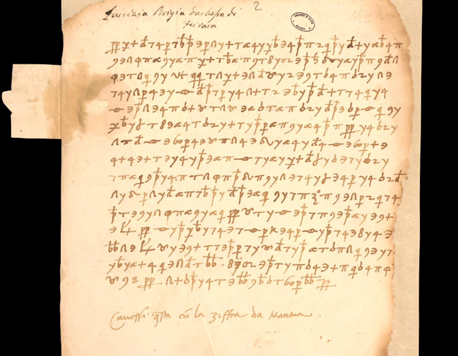 Lettera cifrata di Lucrezia Borgia ad Alfonso I d'Este