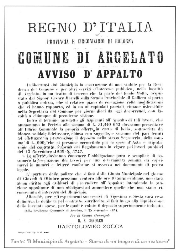 Avviso di appalto per la costruzione del municipio di Argelato 1864