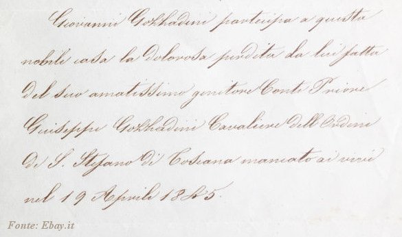 Gozzadini Giuseppe, annuncio di morte 1865