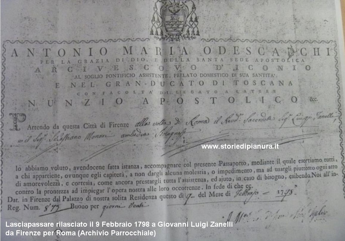 Lasciapassare rilasciato il 9 Febbraio 1798 a Giovanni Luigi Zanelli da Firenze per Roma (Archivio Parrocchiale)