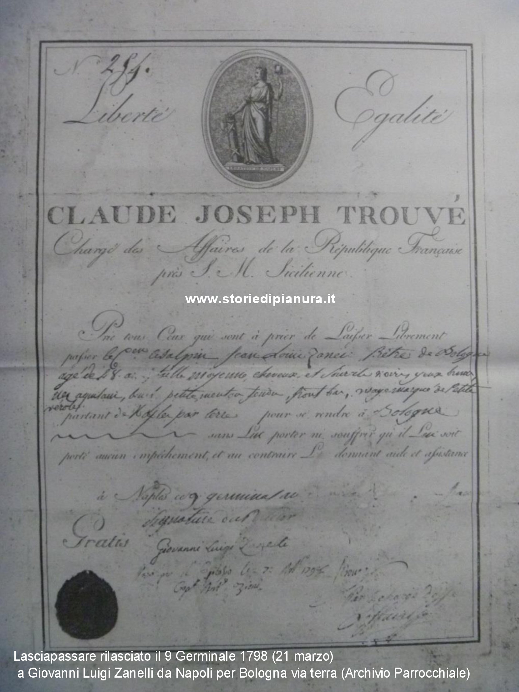 Lasciapassare rilasciato il 9 Germinale 1798 (21 marzo) a Giovanni Luigi Zanelli da Napoli per Bologna via terra (Archivio Parrocchiale)