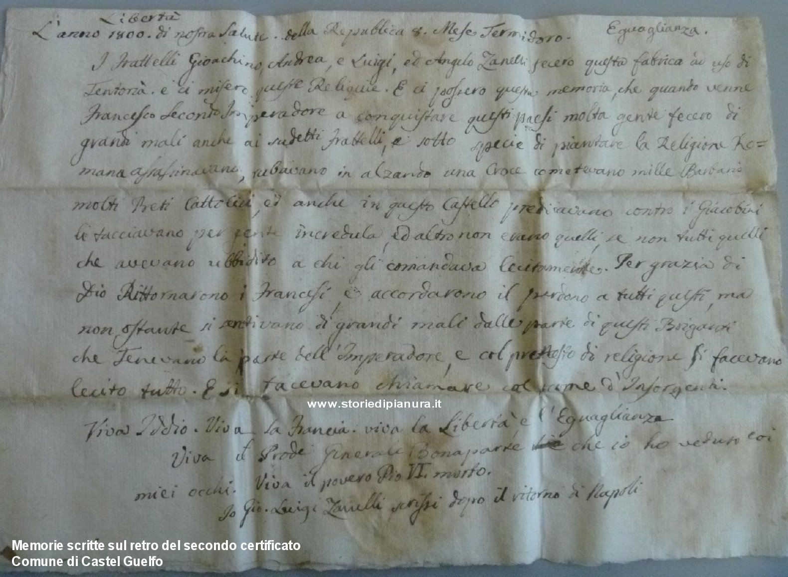 Memorie di don Zanelli scritte sul retro del secondo certificato di reliquie